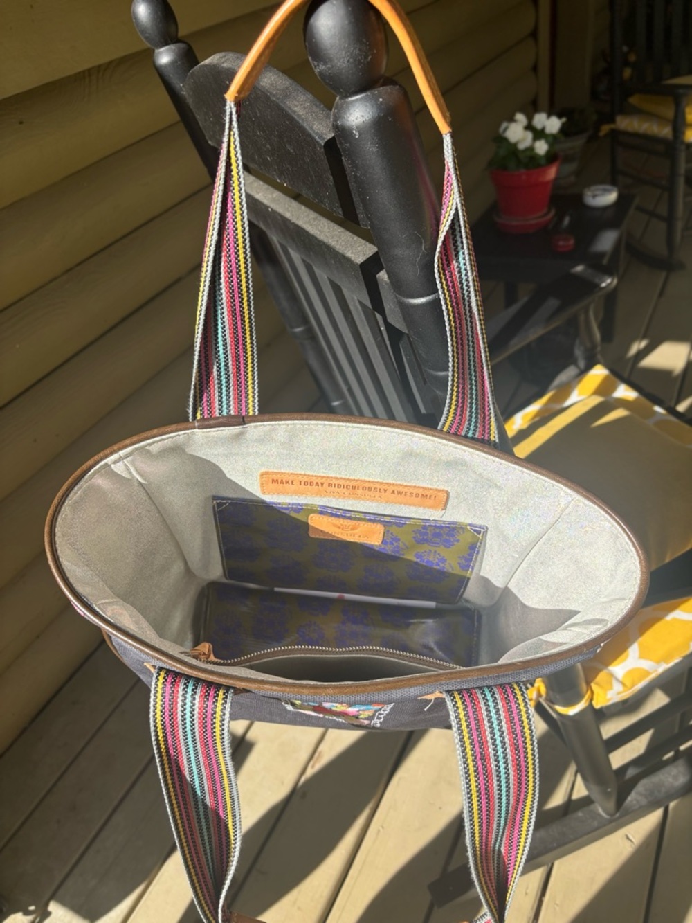 Embroidered Gray Tote with Pink Snake-Print Sides and Striped Handles - Picture 2 of 2